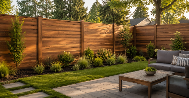 Modern wooden privacy fence surrounding a landscaped backyard in Fresno, CA, creating a quiet and se