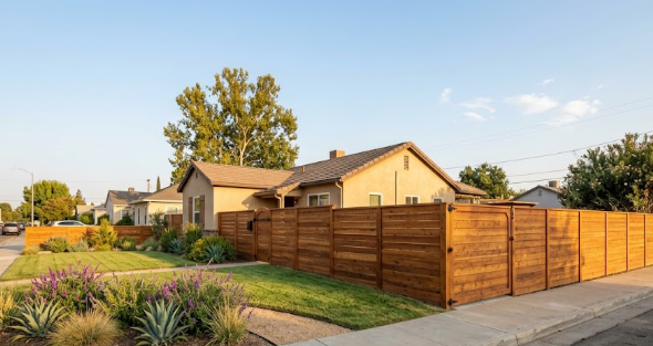 Newly installed wooden property fence surrounding a residential home in Fresno, CA for security and 