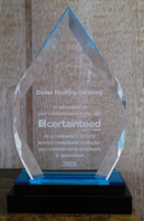 Clear glass award on a black base with blue accents, engraved for Dover Roofing Services certificateed, 2025