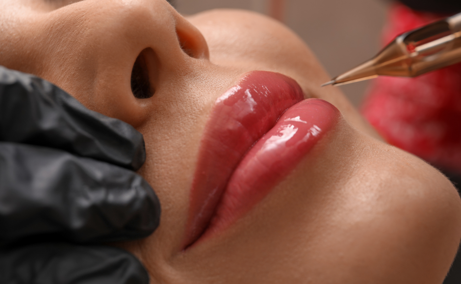 Eine Frau lässt sich Permanent Make-up auf die Lippen machen.