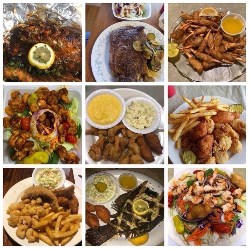 Collage of assorted plated dishes and fried foods, including seafood, fries, rice, and sauces.