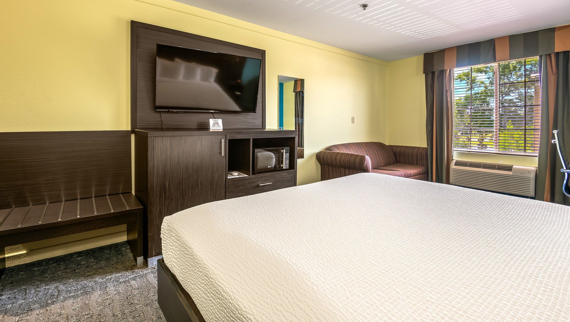 Hotel room with bed, wall-mounted TV, fireplace, and large window with trees outside