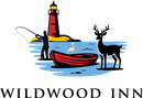Wildwood Inn logo with lighthouse, people fishing, rowboat, and deer by the water