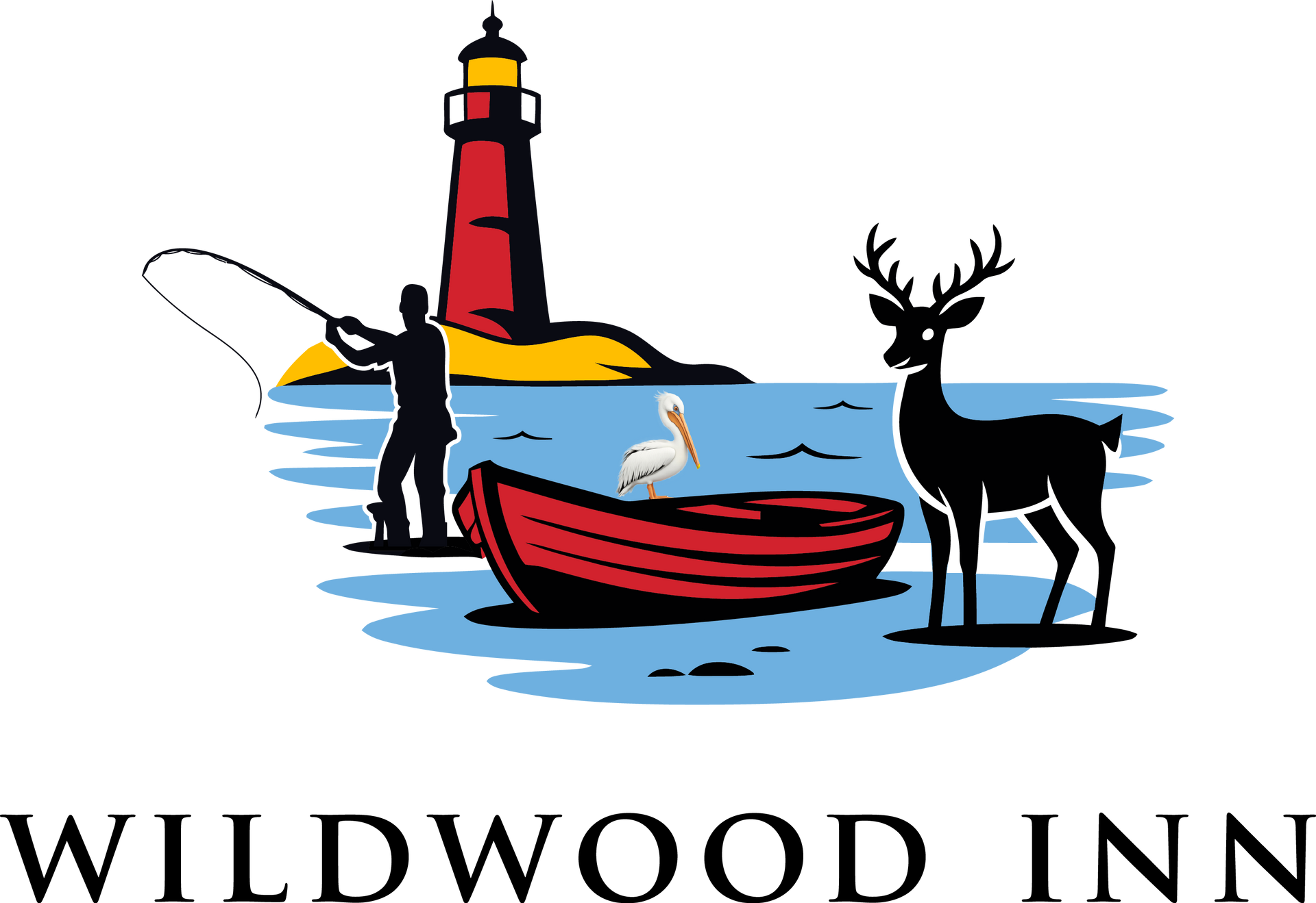 Wildwood Inn logo with lighthouse, people fishing, rowboat, and deer by the water