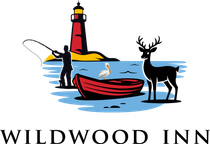 Wildwood Inn logo with lighthouse, people fishing, rowboat, and deer by the water