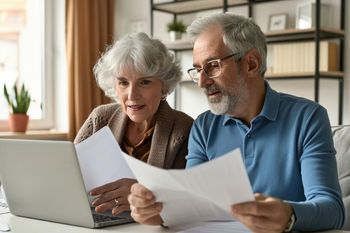 Two people reviewing papers at a laptop in a bright home office