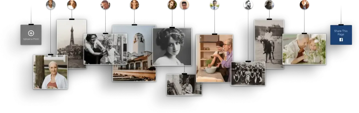 Gallery wall of hanging photo prints and travel images clipped to a string on a white wall