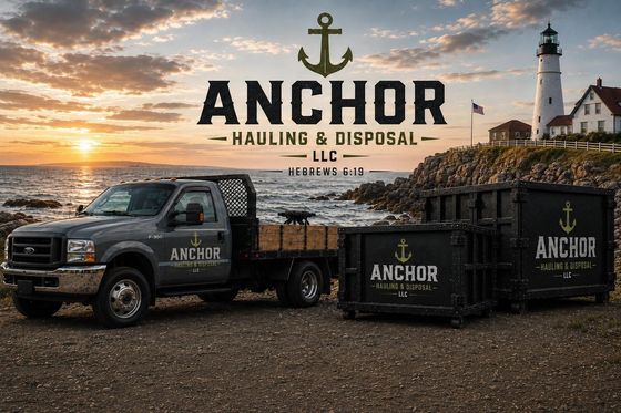 Anchor Hauling & Disposal truck, dumpsters, and lighthouse at sunset by the coast.
