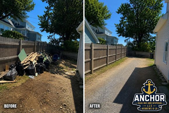 Before-and-after backyard cleanup: debris removed, leaving a clean gravel path beside a fence and house.