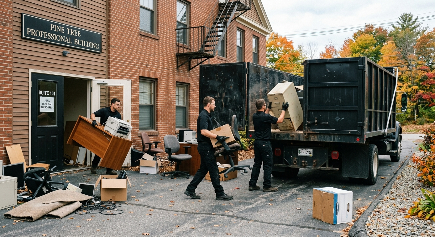 People unloading furniture and boxes from a truck beside a brick apartment building in autumn.