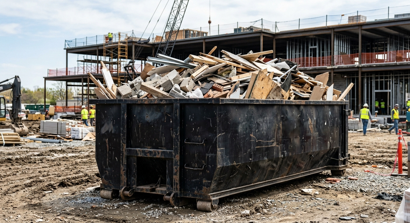 Construction debris in a black dumpster at a muddy building site with workers and cranes in the background