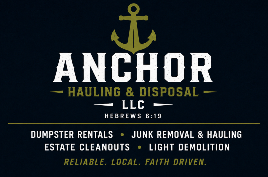 Anchor Hauling & Disposal logo with gold anchor and white text on dark background; services listed below.