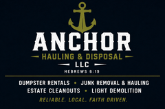 Anchor Hauling & Disposal logo with gold anchor and white text on dark background; services listed below.