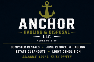 Anchor Hauling & Disposal logo with gold anchor and white text on dark background; services listed below.
