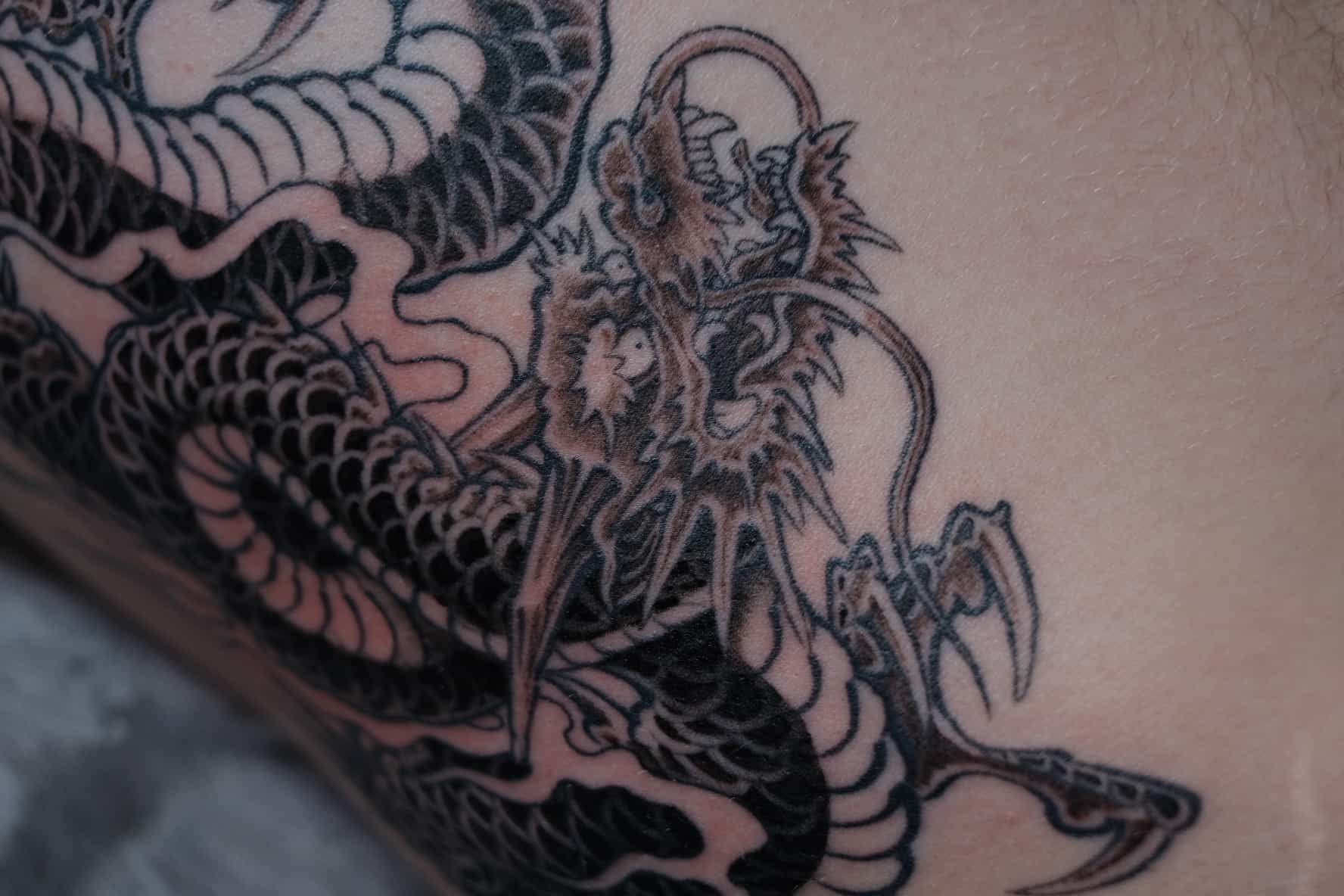A detailed, black-ink dragon tattoo featuring intricate scales and flowing, spiky mane features on skin.