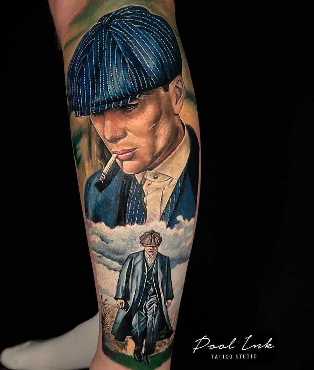 Tattoo on a leg featuring a close-up and full-body portrait of Thomas Shelby from Peaky Blinders in a realistic style.