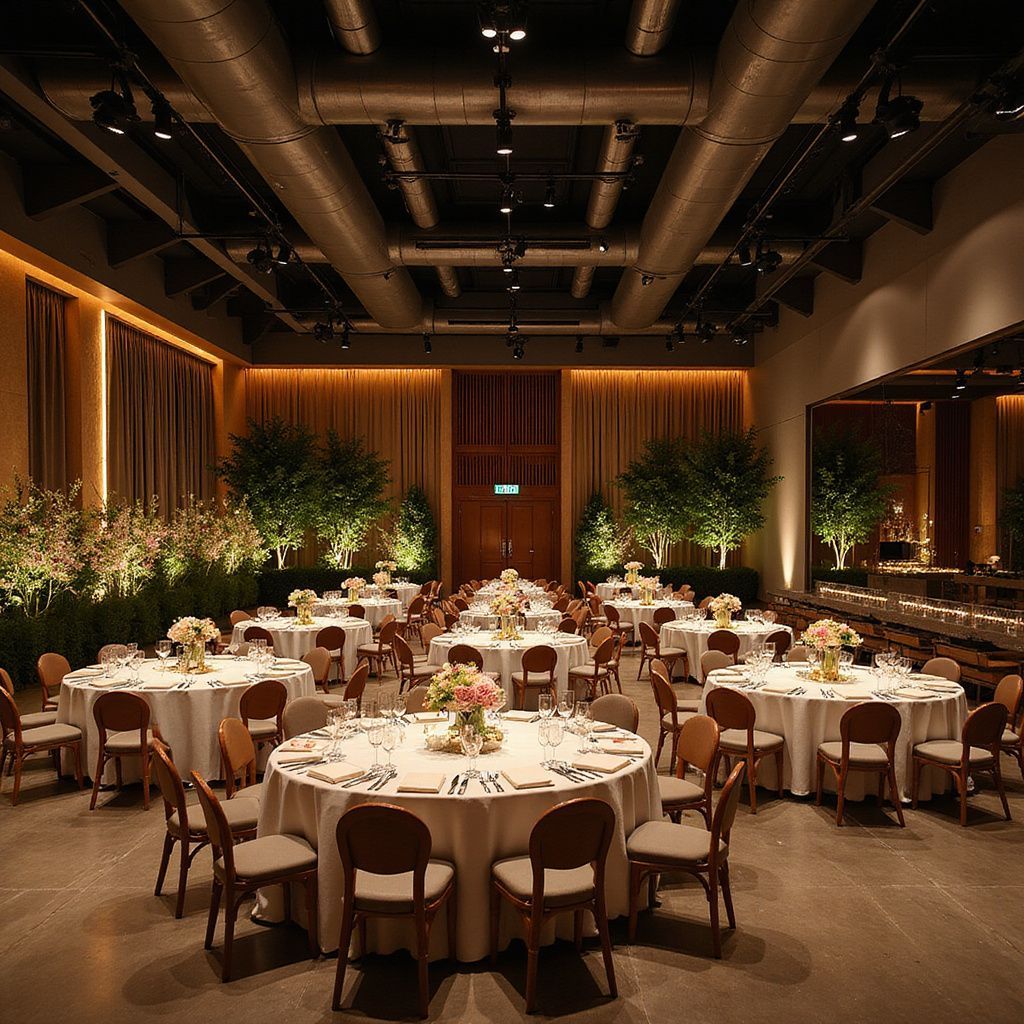 Elegant banquet hall with round, candlelit tables and warm wood decor