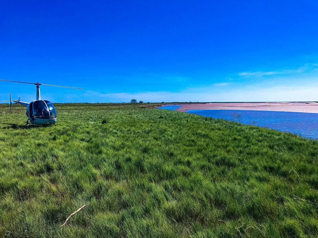 A Helicopter is Sitting on Top of a Lush Green Field Next to a Body of Water — Fewmore Contracting in Katherine, NT