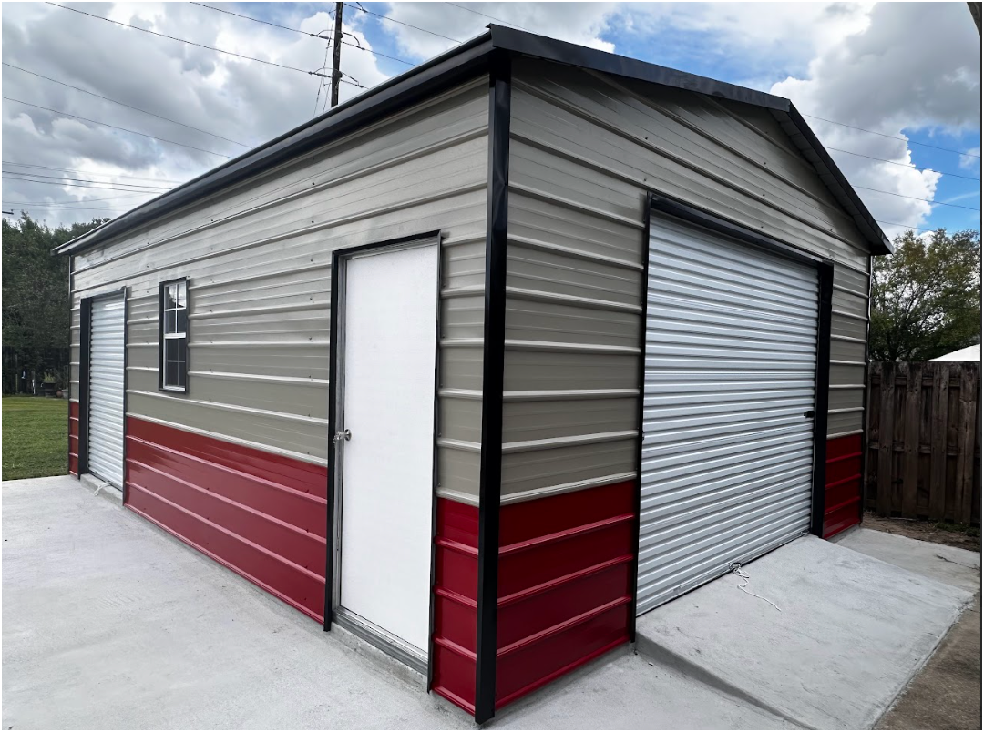 A beige and red metal garage with a roll-up door, a single door, and a side window, situated on a concrete slab.