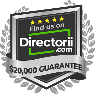 Badge for Directorii.com with 5 stars, a guarantee of $20,000, and silver laurel wreath.