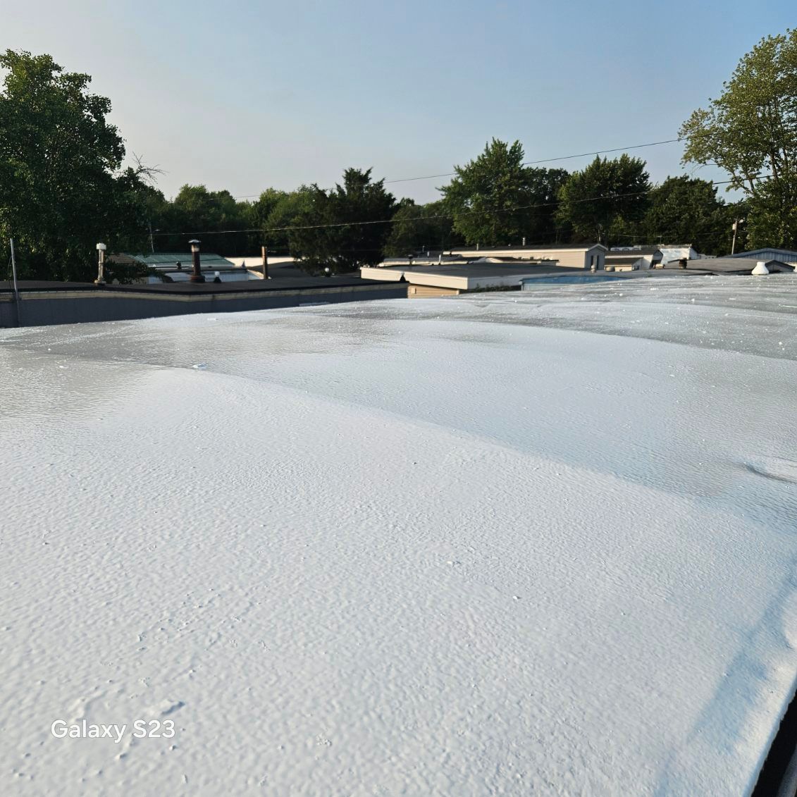Snow-covered rooftop with trees and low buildings in the background under a clear sky