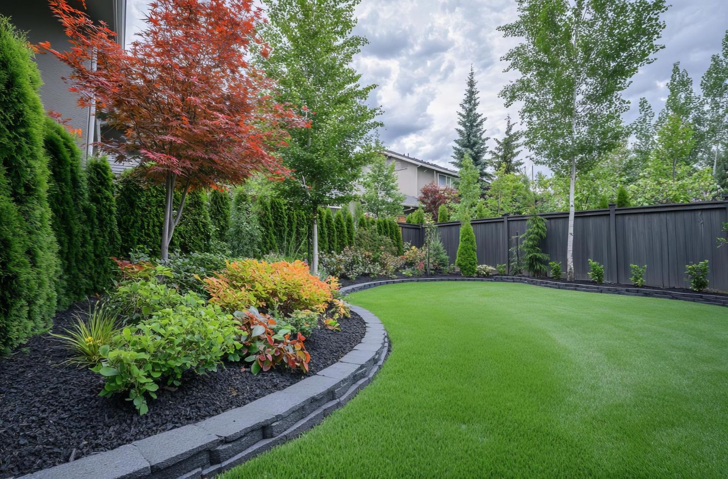 Lush landscaped backyard with curved garden bed, manicured lawn, and tall trees and shrubs.