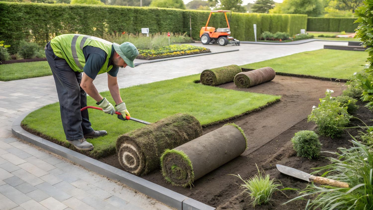 Worker rolling out sod in a landscaped garden beside a paved walkway