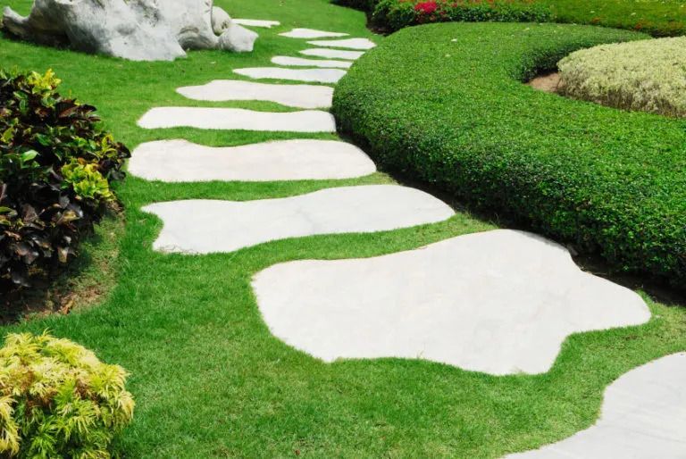 Curved white stepping stones through a lush green garden path