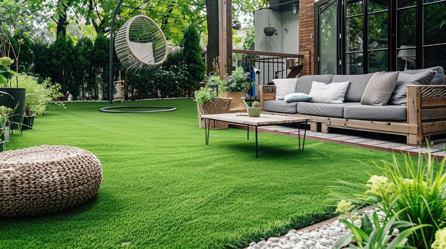 Modern backyard patio with wicker sofa, hanging chair, and lush green lawn