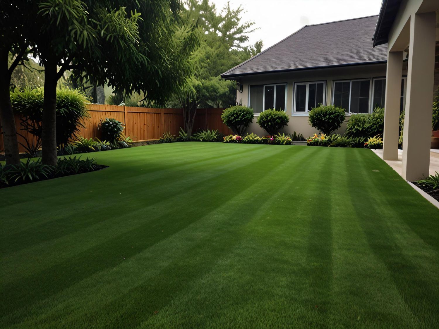 Manicured green lawn with striped mowing lines beside a house and wooden fence.