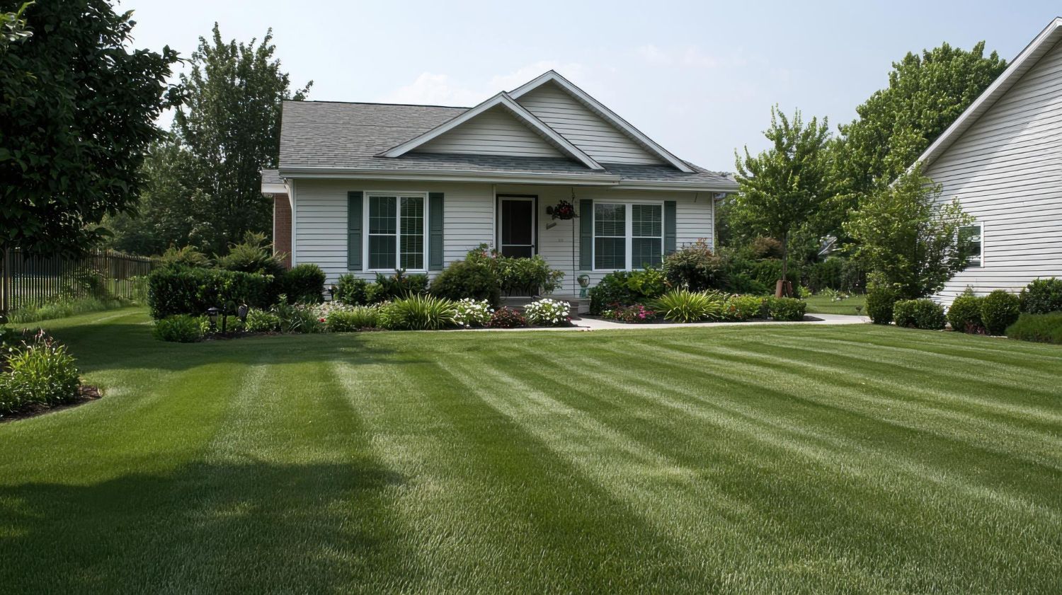 Suburban house with manicured lawn, white siding, and trees in a sunny front yard