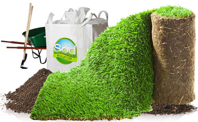 Grass sod rolls with soil, gardening tools, and a white eco tote bag on a white background