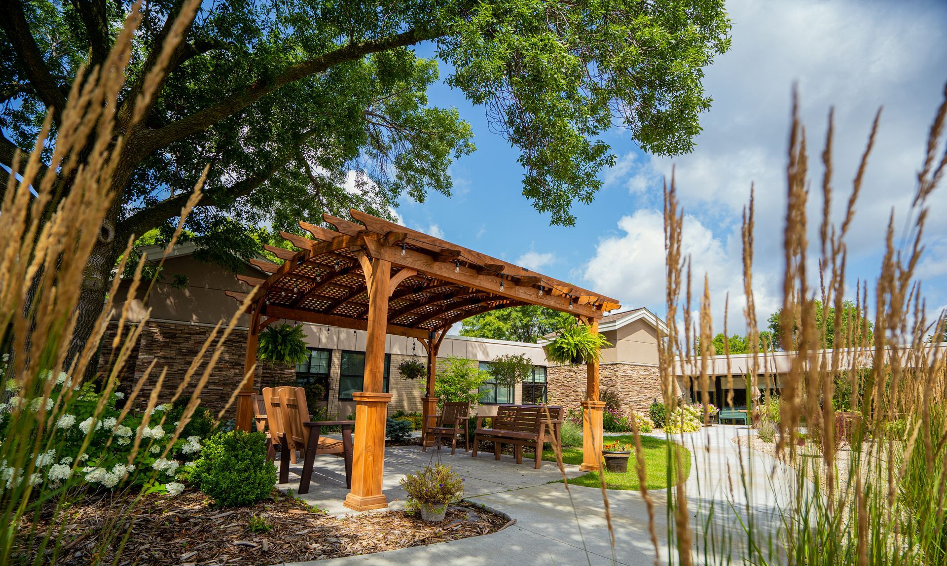A wooden pergola sits on a stone patio in a landscaped courtyard with tall ornamental grasses, trees, and benches.