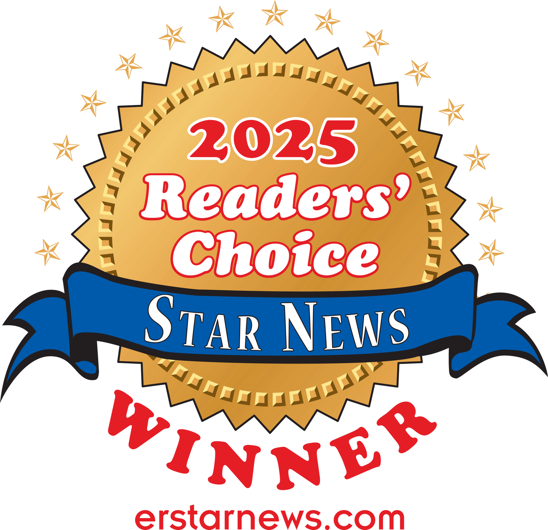 A gold 2025 Star News Readers' Choice Winner seal on a white background with a blue ribbon and stars.