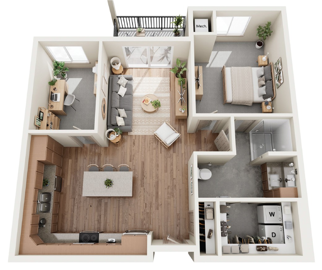 A 3D floor plan showing a one-bedroom apartment with an open living area, kitchen, bathroom, and walk-in closet.