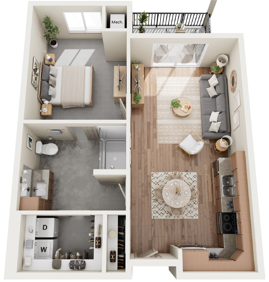 A 3D floor plan showing a one-bedroom apartment with a living room, kitchen, bedroom, bathroom, and laundry closet.