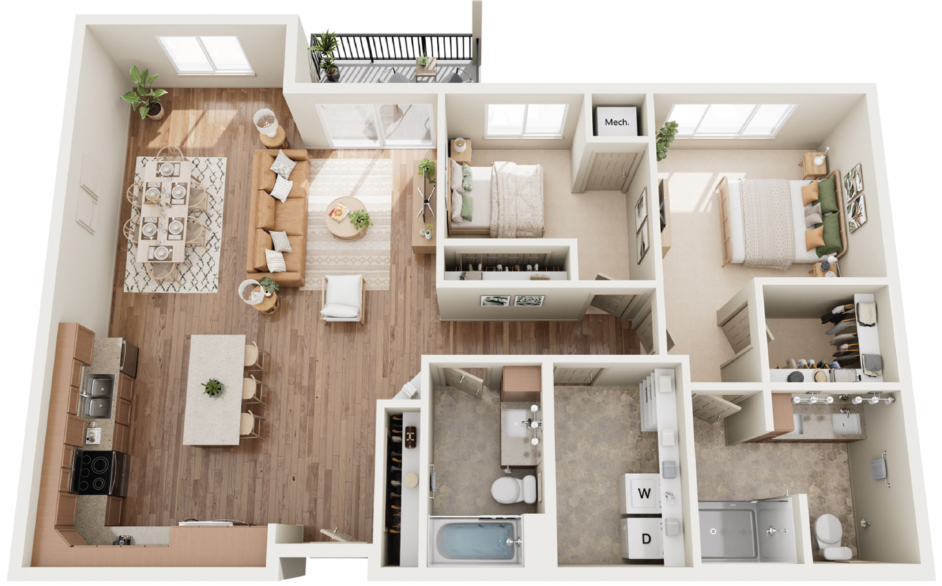 3D floor plan of a two-bedroom, two-bathroom apartment with an open-concept living, dining, and kitchen area.