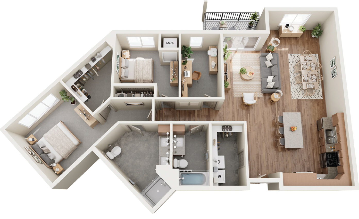 Top-down floor plan view of a two-bedroom apartment with a living room, kitchen, dining area, and two bathrooms.