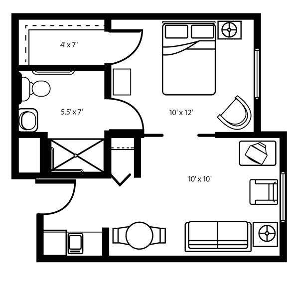Floor plan of a one-bedroom apartment layout showing a bedroom, living area, bathroom, and kitchen space.
