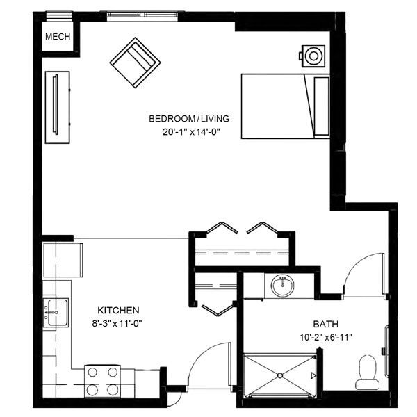 Floor plan of a studio apartment showing a bedroom/living area, kitchen, and bathroom with labeled dimensions.