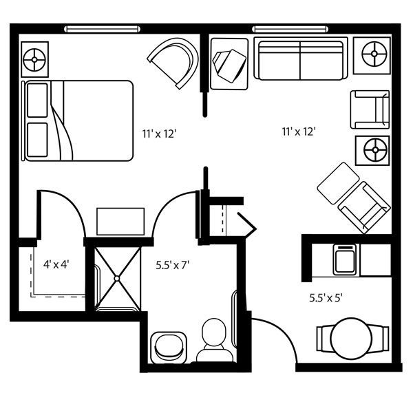 A floor plan of an apartment featuring a bedroom, living area, bathroom, closet, and kitchenette.