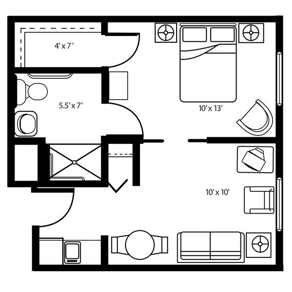 Floor plan of a one-bedroom apartment with a living area, kitchen, bathroom, and closet.