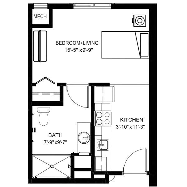 A floor plan showing a studio apartment layout with a bedroom/living area, kitchen, and bathroom.
