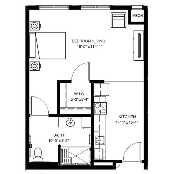 Floor plan for a studio apartment including a combined bedroom/living area, kitchen, walk-in closet, and bathroom.