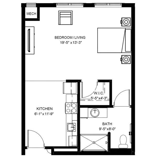 Floor plan of a studio apartment showing a bedroom/living area, kitchen, walk-in closet, and bathroom.