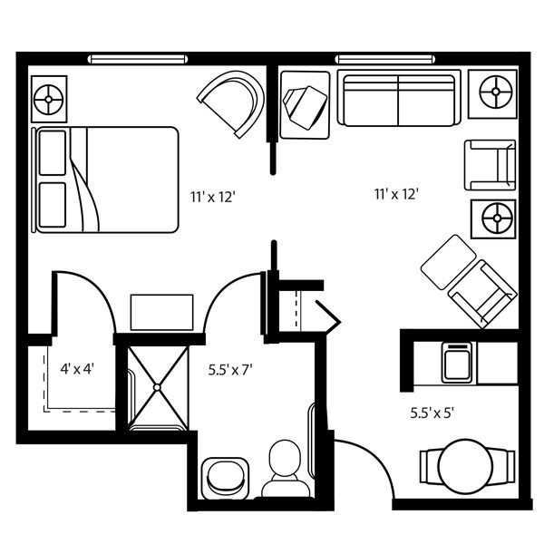 A floor plan showing a bedroom, living area, kitchen, and bathroom with labeled dimensions for a one-bedroom apartment.