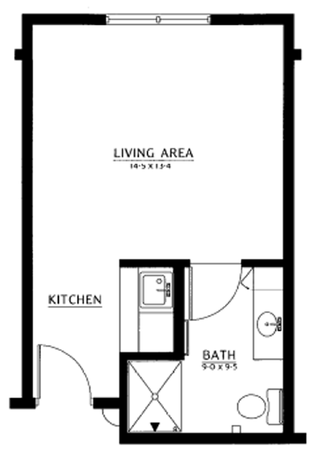 Floor plan of a studio apartment showing a living area, a small kitchen, and a bathroom with a shower.