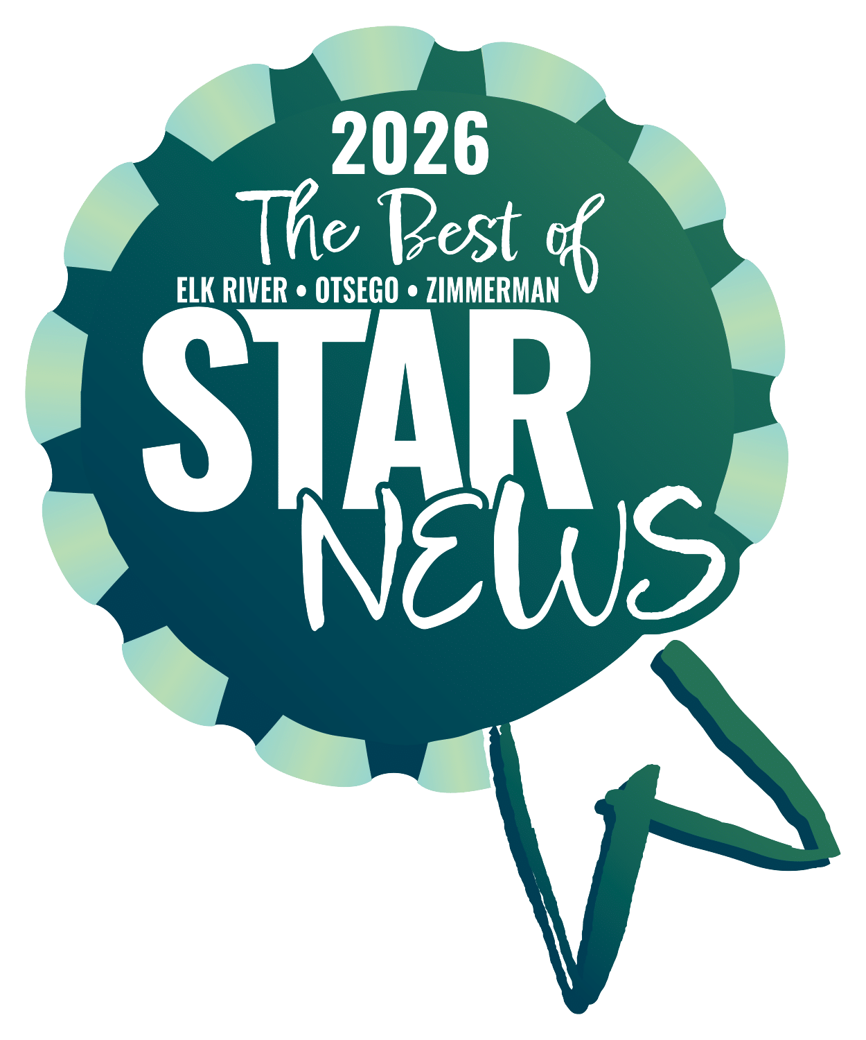 A teal circular award seal with the text 