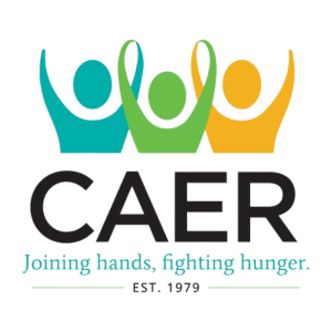 Logo for CAER: three stylized figures in teal, green, and yellow with raised arms, text