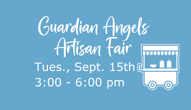 Blue flyer for Guardian Angels Artisan Fair, Tues. Sept. 15th, 3:00–6:00 pm, with a small white cart icon.